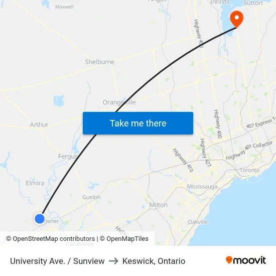 University Ave. / Sunview to Keswick, Ontario map