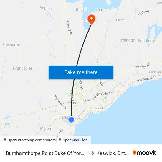 Burnhamthorpe Rd at Duke Of York Blvd to Keswick, Ontario map