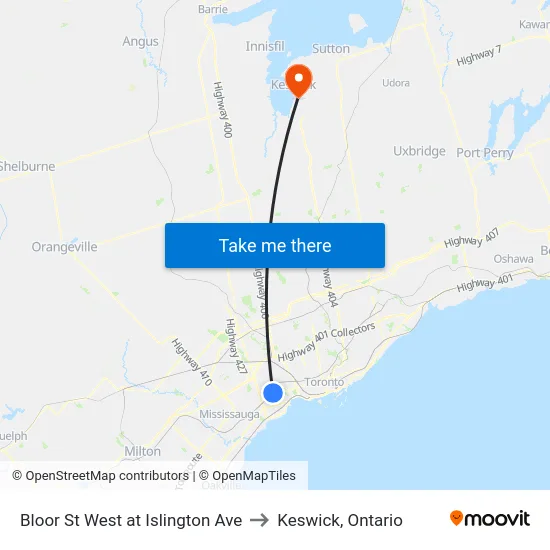 Bloor St West at Islington Ave to Keswick, Ontario map