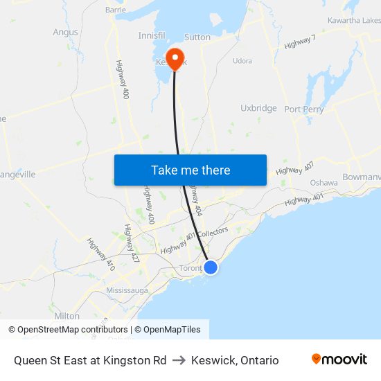 Queen St East at Kingston Rd to Keswick, Ontario map