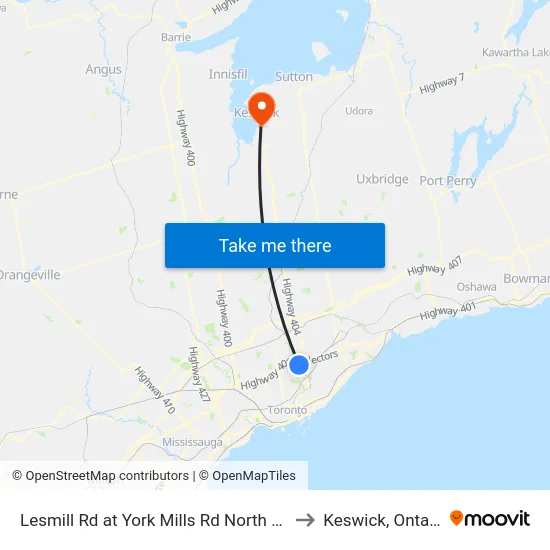 Lesmill Rd at York Mills Rd North Side to Keswick, Ontario map