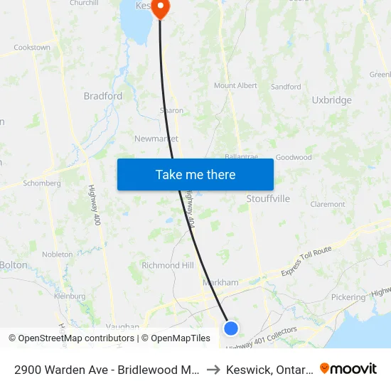 2900 Warden Ave - Bridlewood Mall to Keswick, Ontario map