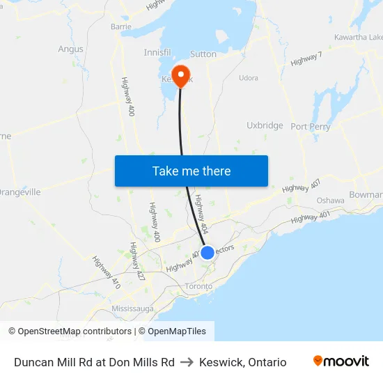 Duncan Mill Rd at Don Mills Rd to Keswick, Ontario map