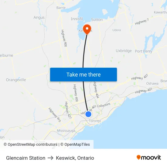 Glencairn Station to Keswick, Ontario map