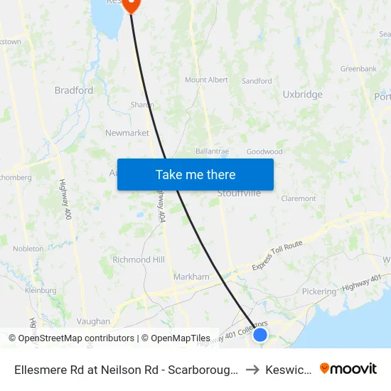 Ellesmere Rd at Neilson Rd - Scarborough Health Network Centenary Hospital to Keswick, Ontario map