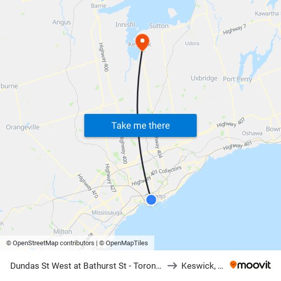 Dundas St West at Bathurst St - Toronto Western Hospital to Keswick, Ontario map
