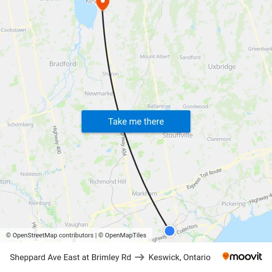 Sheppard Ave East at Brimley Rd to Keswick, Ontario map