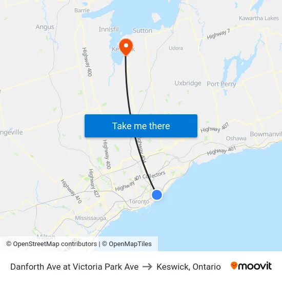 Danforth Ave at Victoria Park Ave to Keswick, Ontario map