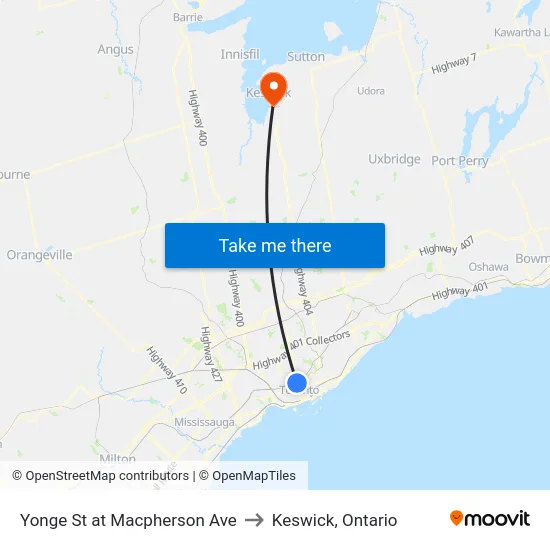 Yonge St at Macpherson Ave to Keswick, Ontario map