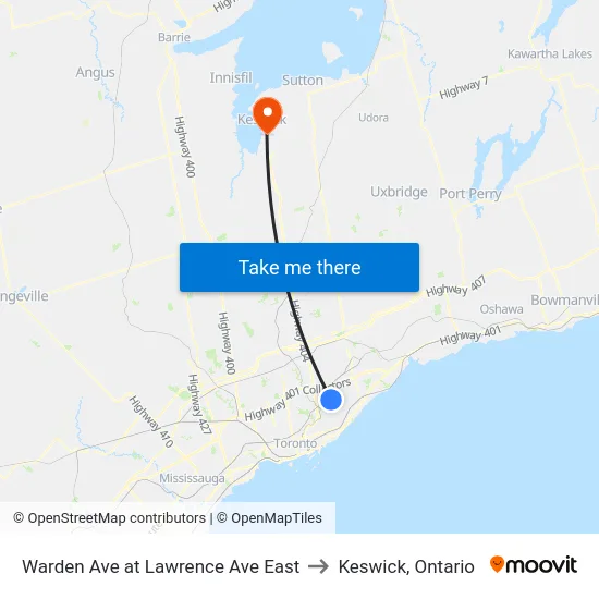 Warden Ave at Lawrence Ave East to Keswick, Ontario map