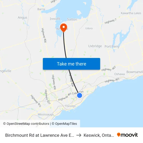 Birchmount Rd at Lawrence Ave East to Keswick, Ontario map