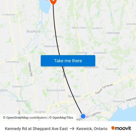 Kennedy Rd at Sheppard Ave East to Keswick, Ontario map