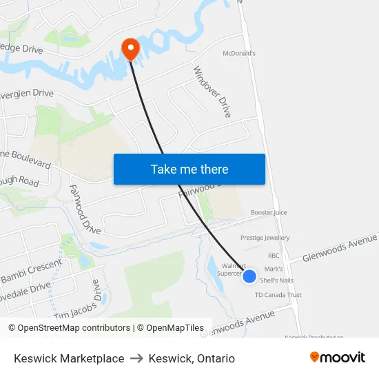 Keswick Marketplace to Keswick, Ontario map