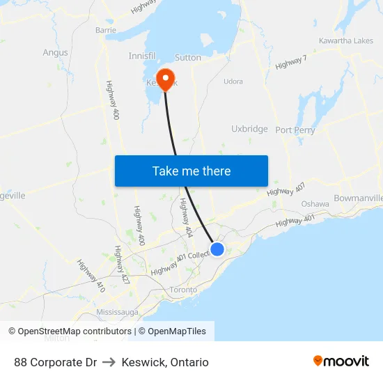 88 Corporate Dr to Keswick, Ontario map
