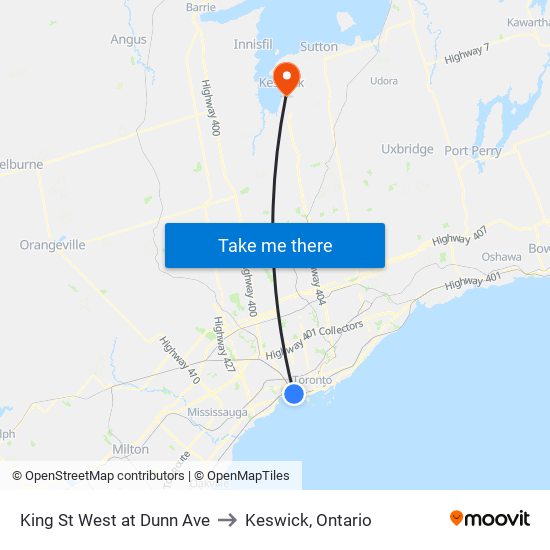 King St West at Dunn Ave to Keswick, Ontario map