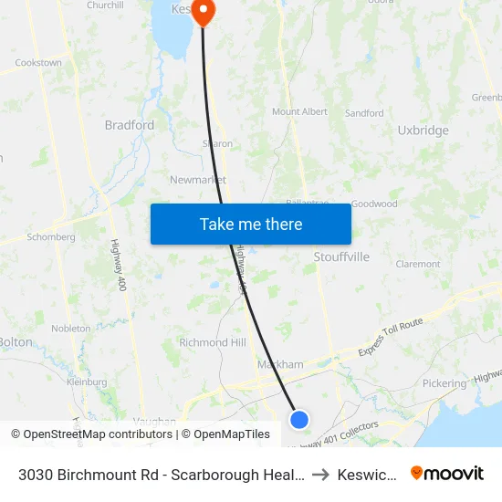 3030 Birchmount Rd - Scarborough Health Network Birchmount Hospital to Keswick, Ontario map
