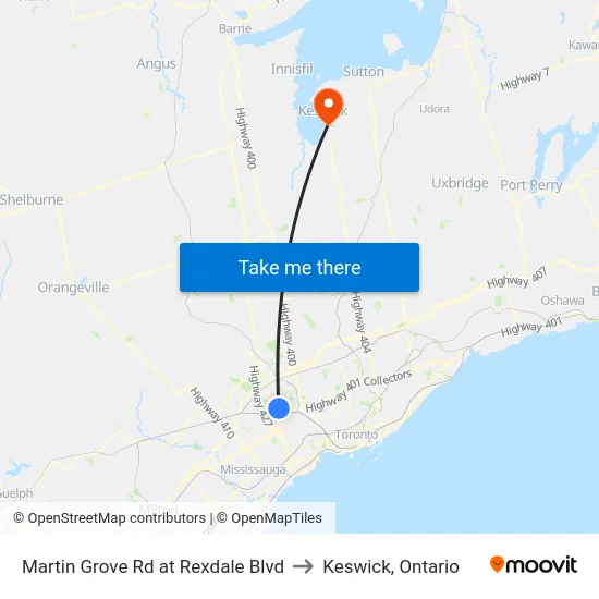 Martin Grove Rd at Rexdale Blvd to Keswick, Ontario map
