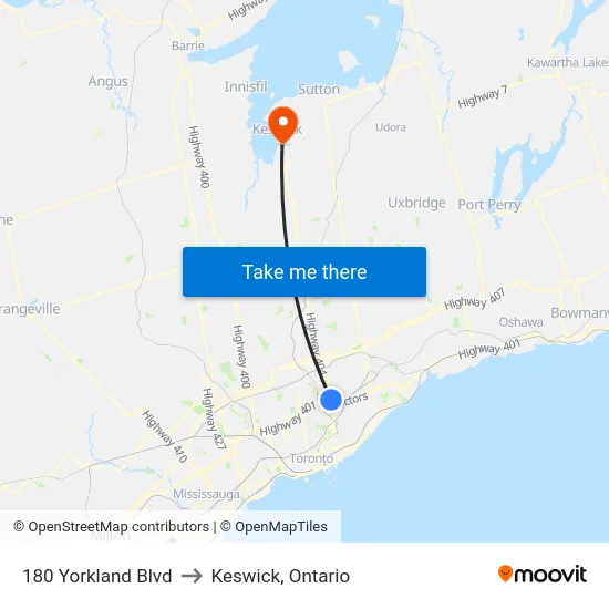 180 Yorkland Blvd to Keswick, Ontario map