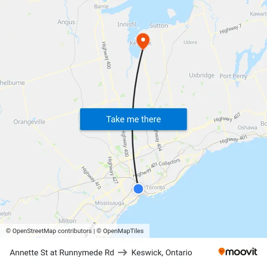 Annette St at Runnymede Rd to Keswick, Ontario map