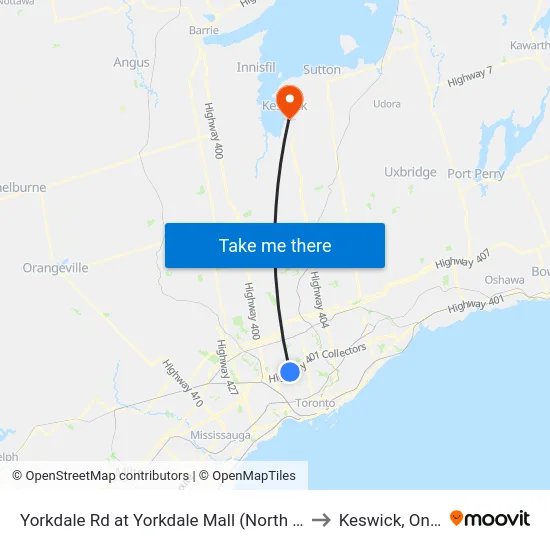 Yorkdale Rd at Yorkdale Mall (North Entrance) to Keswick, Ontario map