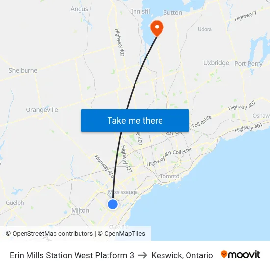 Erin Mills Station West Platform 3 to Keswick, Ontario map
