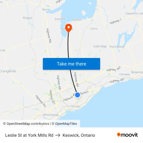 Leslie St at York Mills Rd to Keswick, Ontario map