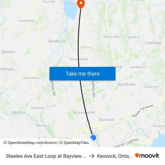 Steeles Ave East Loop at Bayview Ave to Keswick, Ontario map
