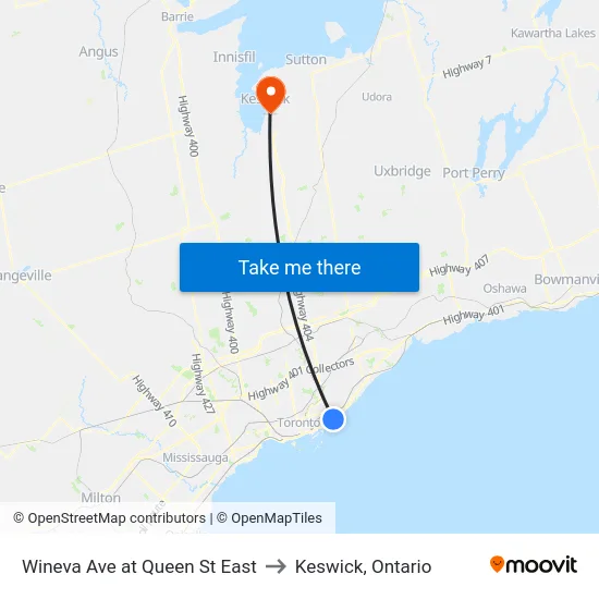 Wineva Ave at Queen St East to Keswick, Ontario map
