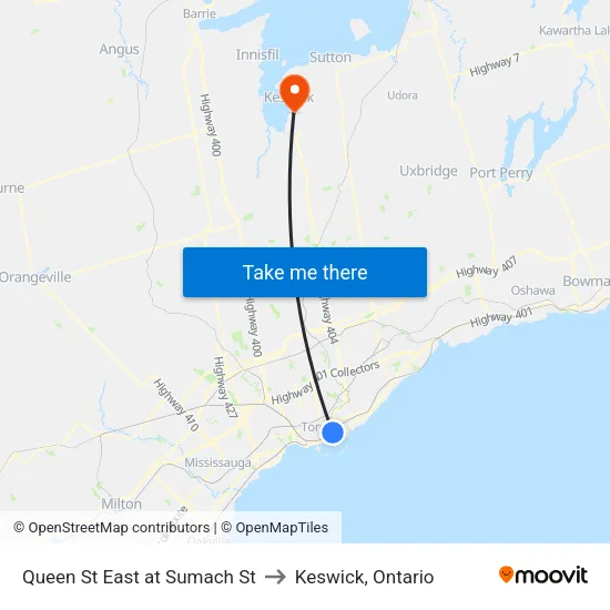 Queen St East at Sumach St to Keswick, Ontario map