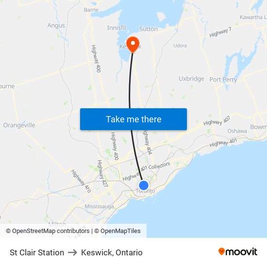 St Clair Station to Keswick, Ontario map