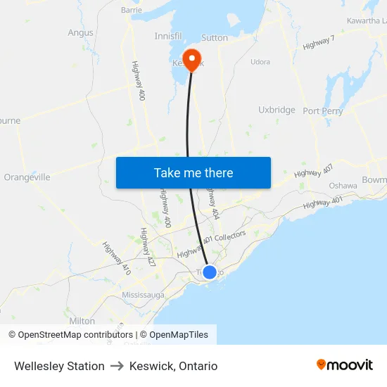 Wellesley Station to Keswick, Ontario map