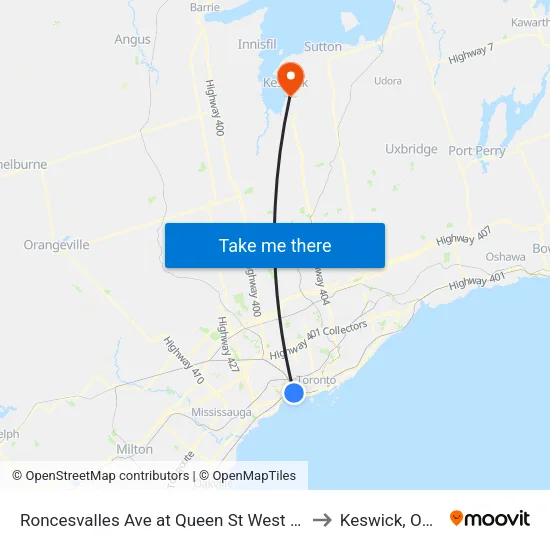 Roncesvalles Ave at Queen St West North Side to Keswick, Ontario map