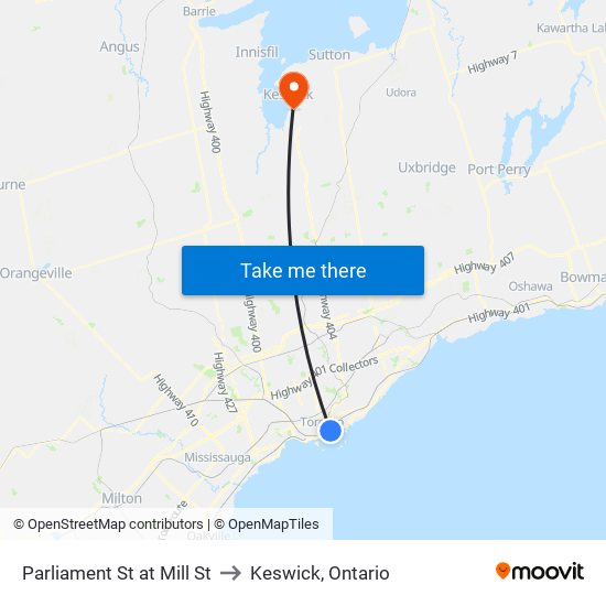 Parliament St at Mill St to Keswick, Ontario map