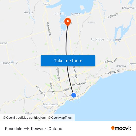 Rosedale to Keswick, Ontario map