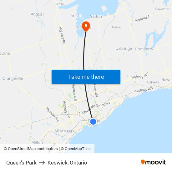 Queen's Park to Keswick, Ontario map