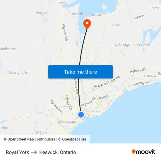 Royal York to Keswick, Ontario map