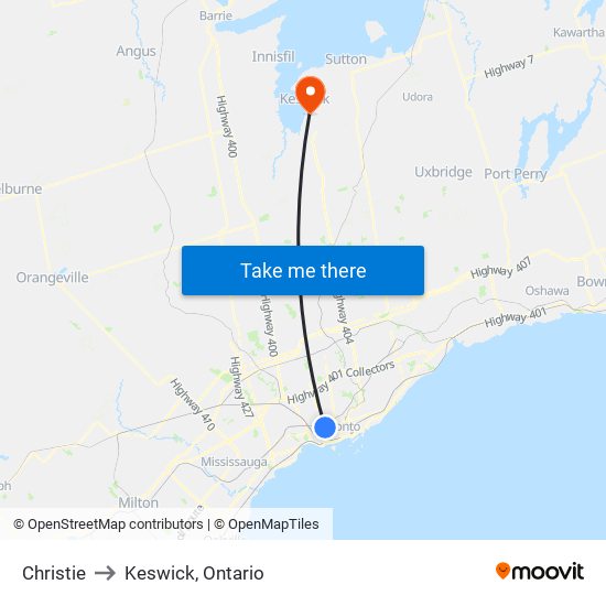 Christie to Keswick, Ontario map