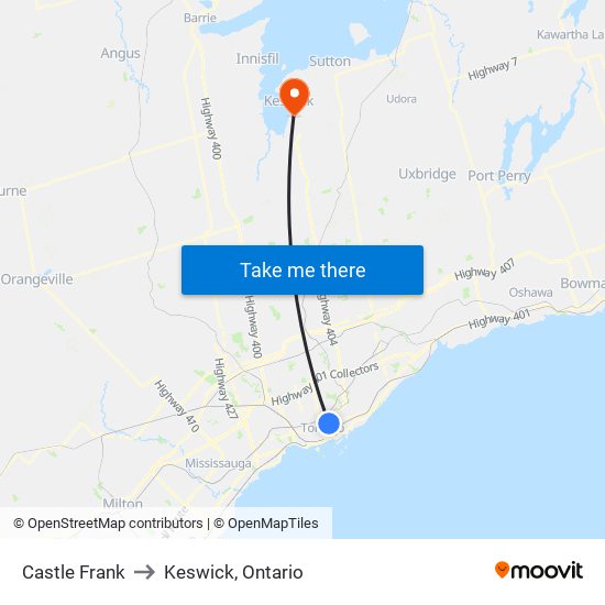 Castle Frank to Keswick, Ontario map