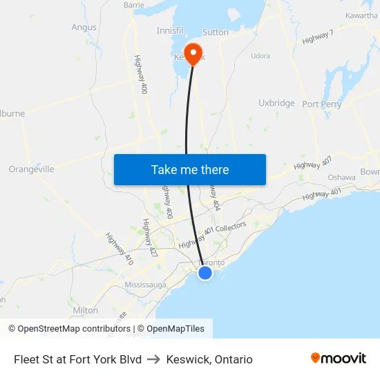 Fleet St at Fort York Blvd to Keswick, Ontario map