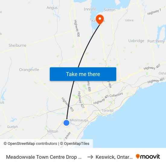 Meadowvale Town Centre Drop Off to Keswick, Ontario map