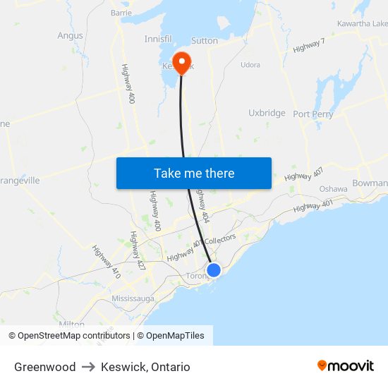 Greenwood to Keswick, Ontario map