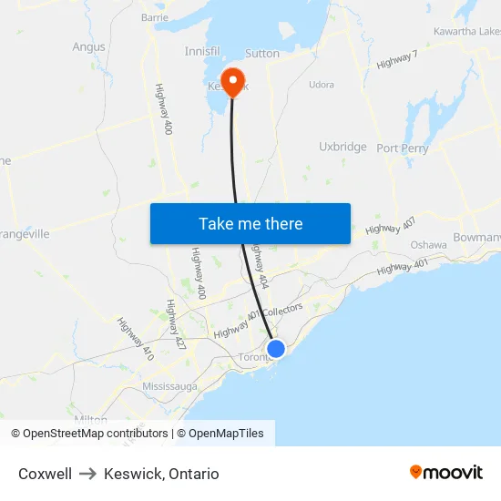 Coxwell to Keswick, Ontario map