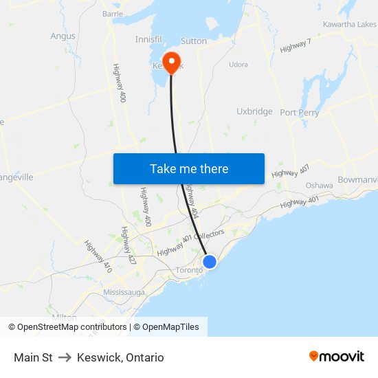 Main St to Keswick, Ontario map