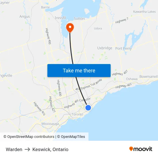 Warden to Keswick, Ontario map