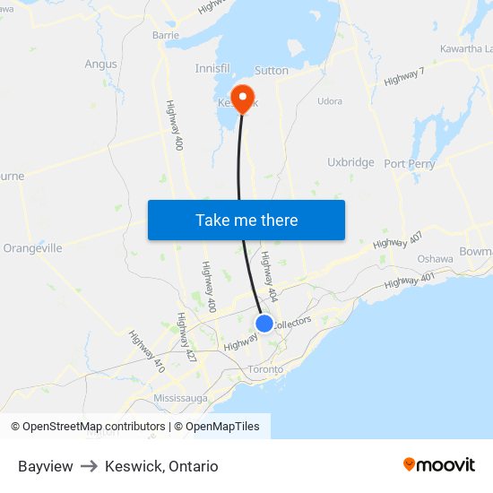 Bayview to Keswick, Ontario map