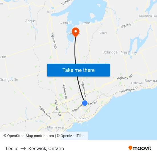Leslie to Keswick, Ontario map
