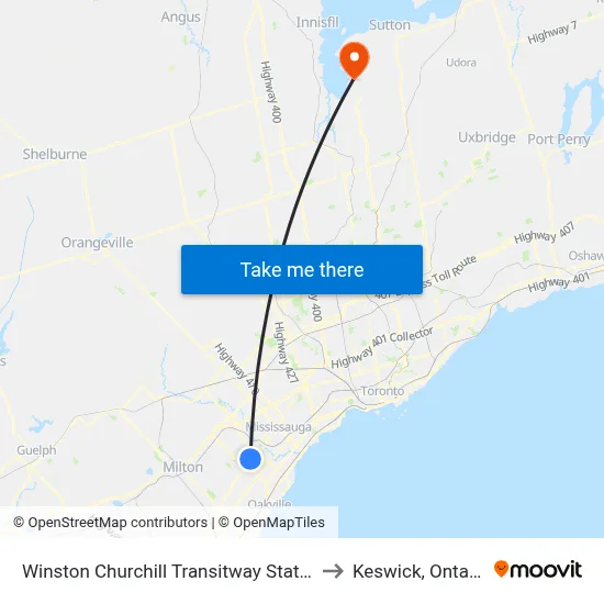 Winston Churchill Transitway Station to Keswick, Ontario map