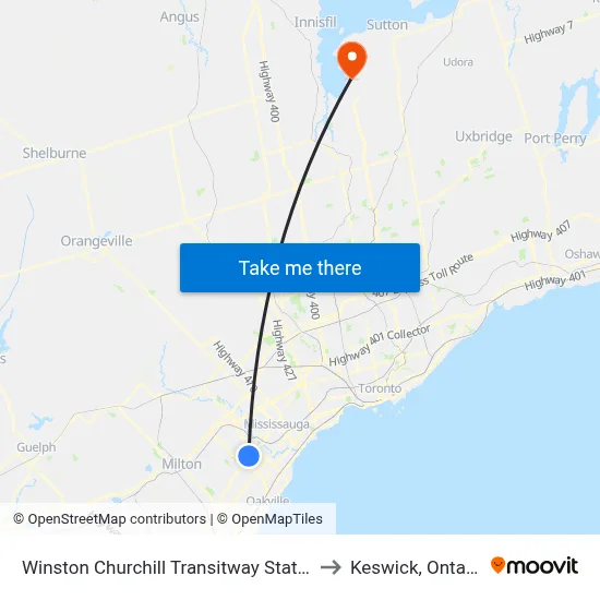 Winston Churchill Transitway Station to Keswick, Ontario map