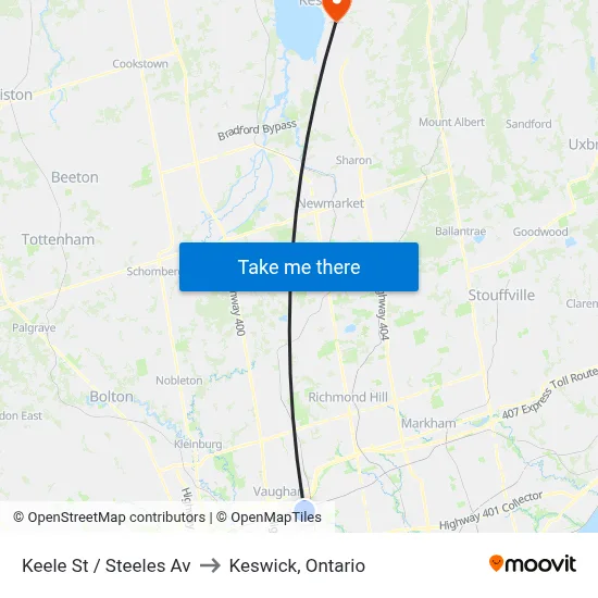 Keele St / Steeles Av to Keswick, Ontario map