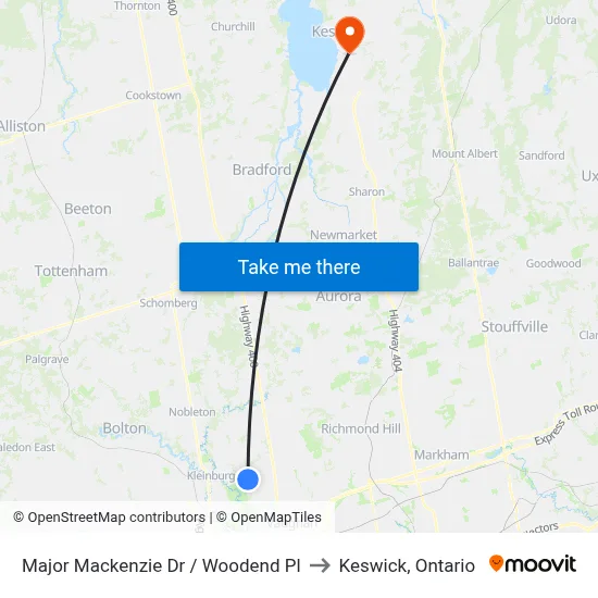 Major Mackenzie Dr / Woodend Pl to Keswick, Ontario map